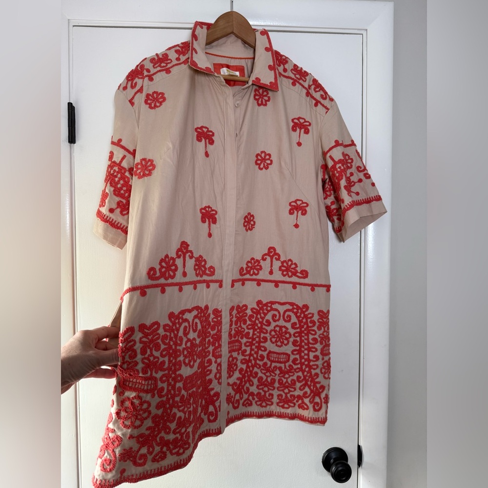 Maeve Anthropologie Embroidered Shirt Dress Utility Safari Style Tan Coral Large - Picture 12 of 15